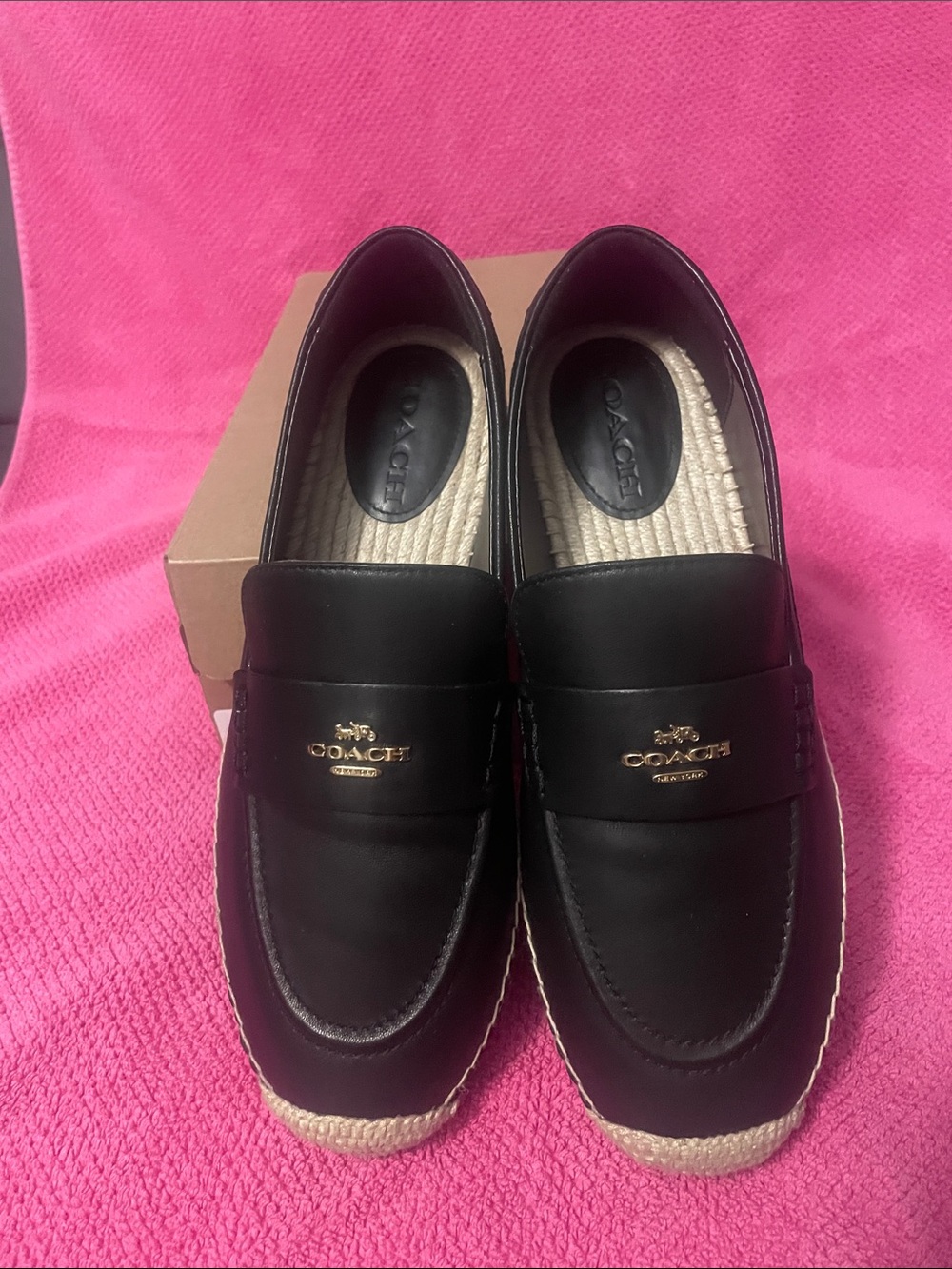 Coach Black Leather Espadrille Slip-On Loafers with Natural Trim